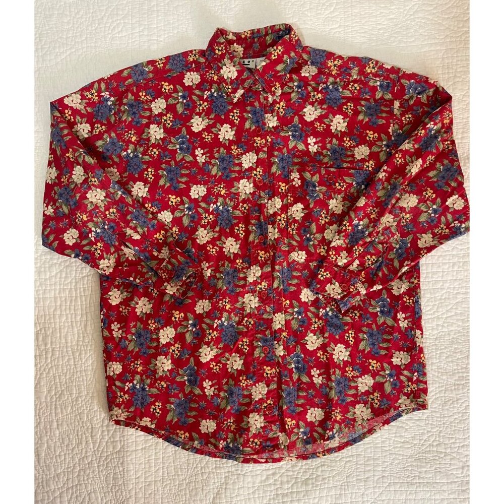 Vintage ILIO Rich Red Floral Button-Up Shirt Sz S 100% Cotton Comfort Breathable